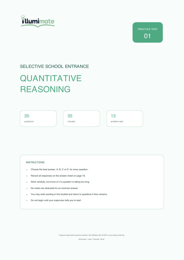 First-page preview of Quantitative Reasoning Practice Test 01