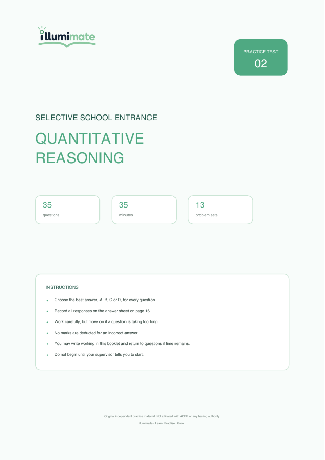 First-page preview of Quantitative Reasoning Practice Test 02