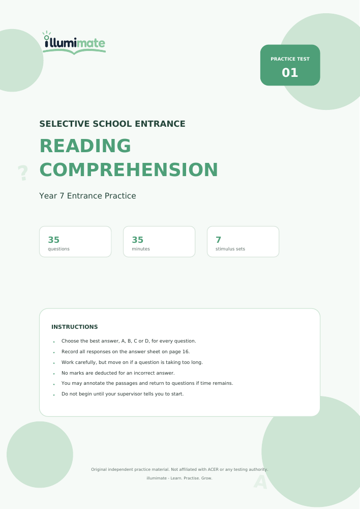 First-page preview of Reading Comprehension Practice Test 01