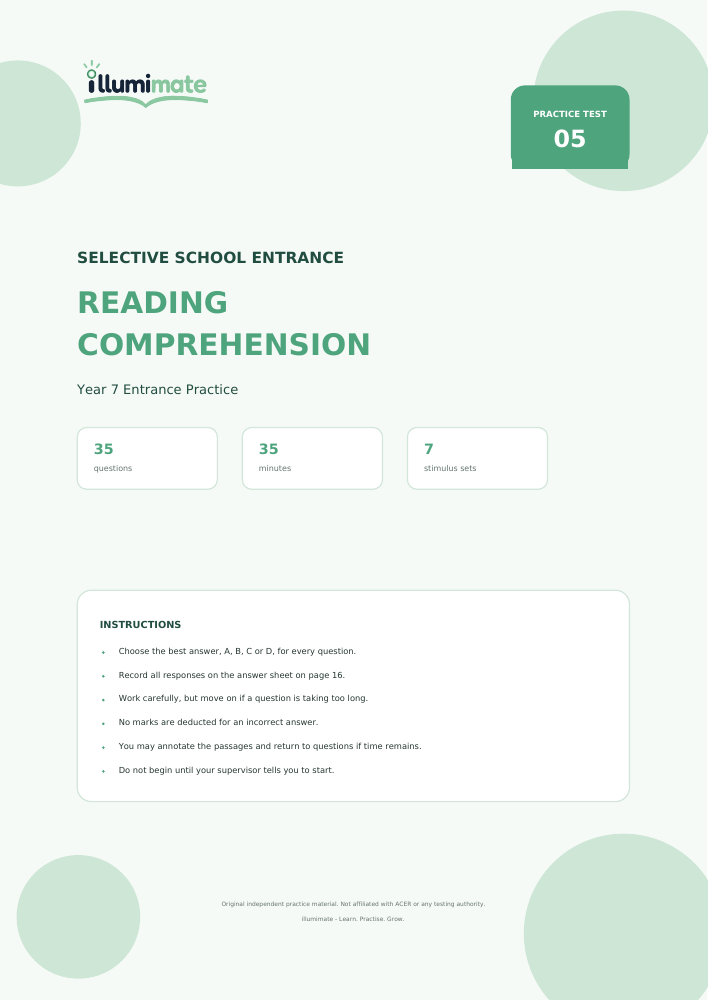 First-page preview of Reading Comprehension Practice Test 05